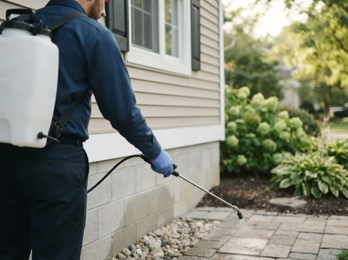 Pest control technician inspecting a home in Clarksville, OH